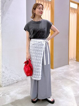 「LEPSIM（レプシィム）のフレンチスリーブプリントチュニック　124107（Tシャツ/カットソー）」を使った、m.a.k.oさん（レディース・166cm）の夏コーディネート