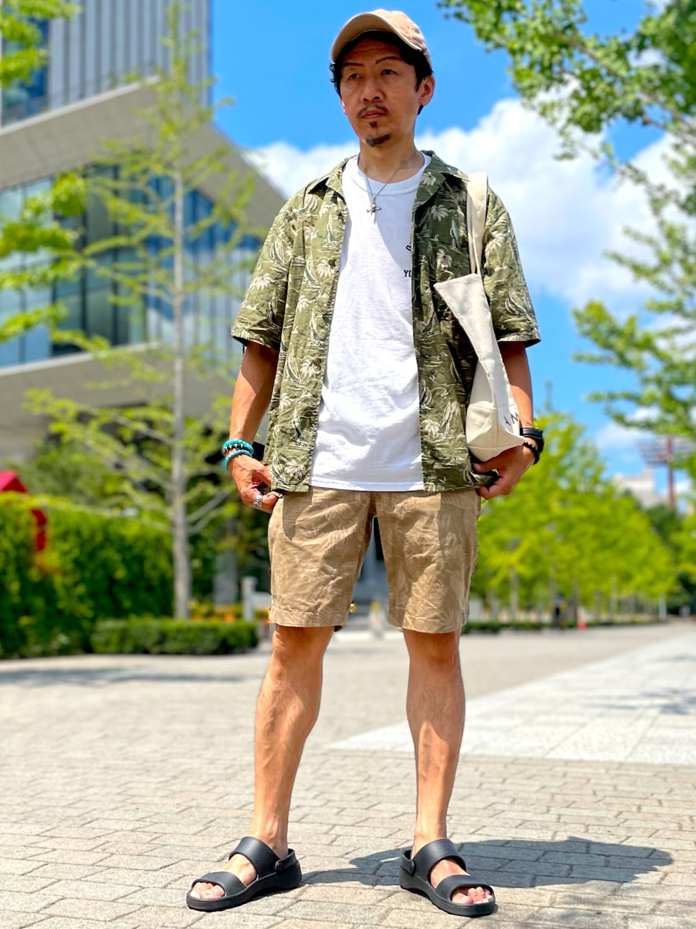 グリーン系のシャツ/ブラウス、ホワイト系のTシャツ/カットソー、ベージュ系のその他パンツを着用したメンズの夏コーディネートの1枚目の写真