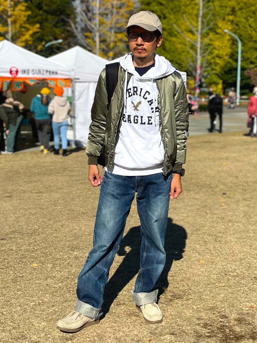 「MA-1、デニム、パーカー、キャップ、モカシン、ジーンズ、アメリカンイーグル、リーバイス、503、カーキ、ZARA、GU、ワークマン、いいね、save、フォローお願いします🤑、休日コーデ」｜「WORKMANのアイテム（キャップ、ベージュ系）」を使った、☠️HiRoC☠️さん（メンズ・171cm）の秋コーディネートの1枚目の写真