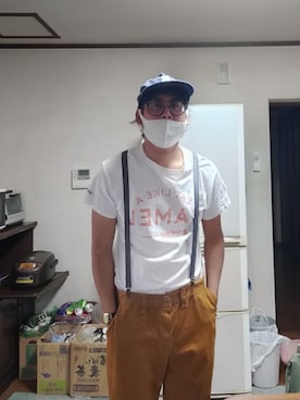 「アイテム（チノパンツ、オレンジ系）」を使った、Kazuさん（メンズ・177cm）の春コーディネート