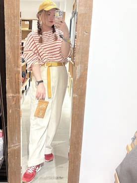 「w closet（ダブルクローゼット）のアイテム（トップス、レッド系）」を使った、yone.（ツミダ）さん（レディース・159cm）の春コーディネート