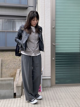 「アイテム（ライダースジャケット）」を使った、かえ。さん（レディース・158cm）の秋コーディネート
