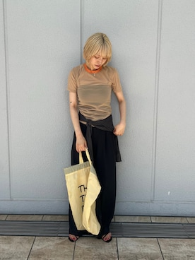 「THINGS THAT MATTER（シングス ザット マター）の「ZOZOTOWN限定」TTM ONE SHOLDER NAP SAC TOTE / TTM ワンショルダー ナップ サック トート（ショルダーバッグ、イエロー系）」を使った、moneさん（レディース・152cm）の夏コーディネート