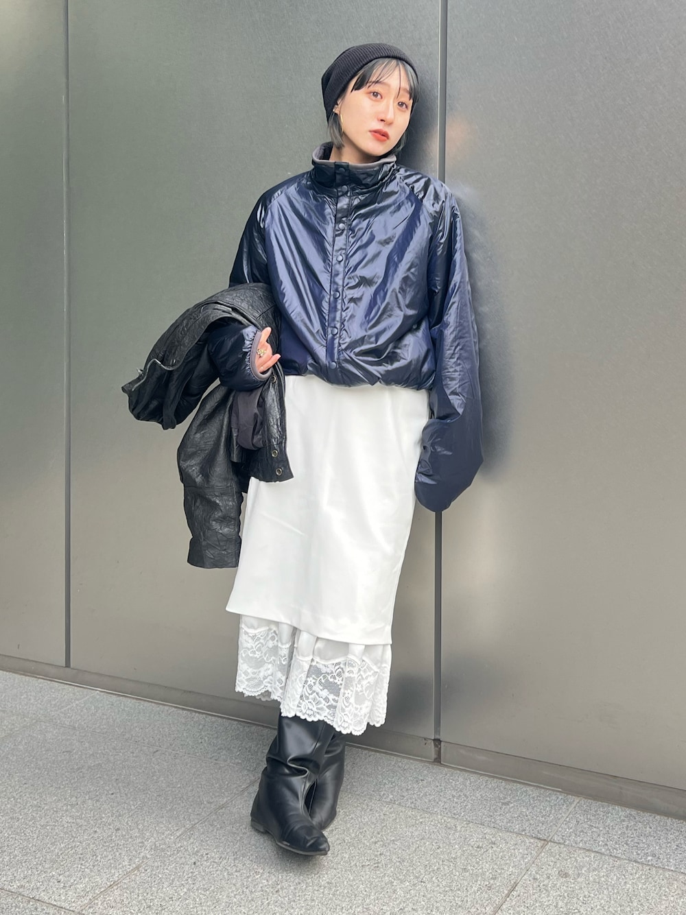 「冬コーデ、マイベストコーデ2024、オトナカジュアル、おでかけコーデ、大人女子、低身長女子、きれいめコーデ、大人コーデ、ブルゾン、メンズライク、低身長、低身長コーデ、ロングブーツ、ラクチンコーデ、あったかコーデ」｜「6のアイテム（ブルゾン、ブルー系）」を使った、moneさん（レディース・152cm）の冬コーディネートの1枚目の写真