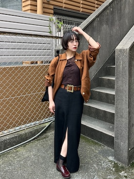 「ADAM ET ROPE'（アダムエロペ）の【EMOELLE】Iラインロングスカート（スカート、ブラック系）」を使った、moneさん（レディース・152cm）の春コーディネート