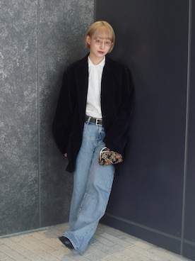 「yae（ヤエ）のSuper wide mens like denim／スーパーワイドメンズライクデニム（デニムパンツ、ブルー系）」を使った、moneさん（レディース・152cm）の春コーディネート