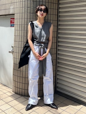 「ADAM ET ROPE'（アダムエロペ）のラップストールコンビノースリーブプルオーバー（ニット/セーター）」を使った、moneさん（レディース・152cm・20代）の夏コーディネート