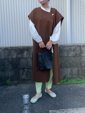 「select MOCA（セレクトモカ）のオーバーサイズロングベスト（ベスト）」を使った、munmun☺︎さん（レディース・160cm）の秋コーディネート