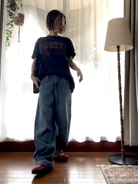 「??のアイテム（Tシャツ/カットソー、ブラック系）」を使った、r_coさん（レディース・159cm）の春コーディネート