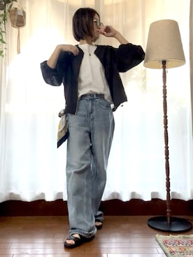 「無印良品（ムジルシリョウヒン）の婦人 天竺編みフレンチスリーブＴシャツ（Tシャツ/カットソー、ホワイト系）」を使った、r_coさん（レディース・159cm）の春コーディネート