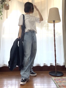 「無印良品（ムジルシリョウヒン）の婦人　涼感ＵＶカットクルーネックワイド半袖Ｔシャツ（Tシャツ/カットソー、ホワイト系）」を使った、r_coさん（レディース・159cm）の春コーディネート