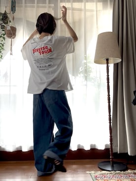 「？？のアイテム（Tシャツ/カットソー、ホワイト系）」を使った、r_coさん（レディース・159cm）の春コーディネート