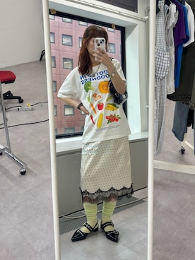 「CIAOPANIC（チャオパニック）のモチーフコレクションTee（Tシャツ/カットソー、ホワイト系）」を使った、ユイナさん（レディース・162cm）の夏コーディネート