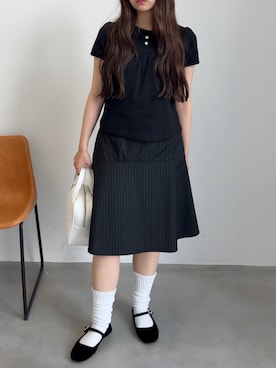 「GIUNON（ジウノン）のround collar rib t-shirt / ラウンドカラーリブTシャツ（Tシャツ/カットソー、ブラック系）」を使った、さきさん（レディース・160cm）の夏コーディネート
