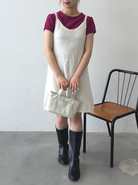 「GIUNON（ジウノン）のscallop pile puff t-shirt / スカラップパイルパフTシャツ（Tシャツ/カットソー、パープル系）」を使った、さきさん（レディース・160cm）の春コーディネート