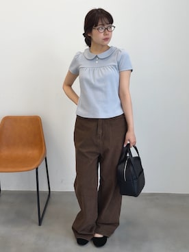 「GIUNON（ジウノン）のround collar rib t-shirt / ラウンドカラーリブTシャツ（Tシャツ/カットソー、ブルー系）」を使った、さきさん（レディース・160cm）の夏コーディネート