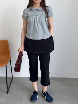 「GIUNON（ジウノン）のround collar rib t-shirt / ラウンドカラーリブTシャツ（Tシャツ/カットソー、グレー系）」を使った、さきさん（レディース・160cm）の夏コーディネート