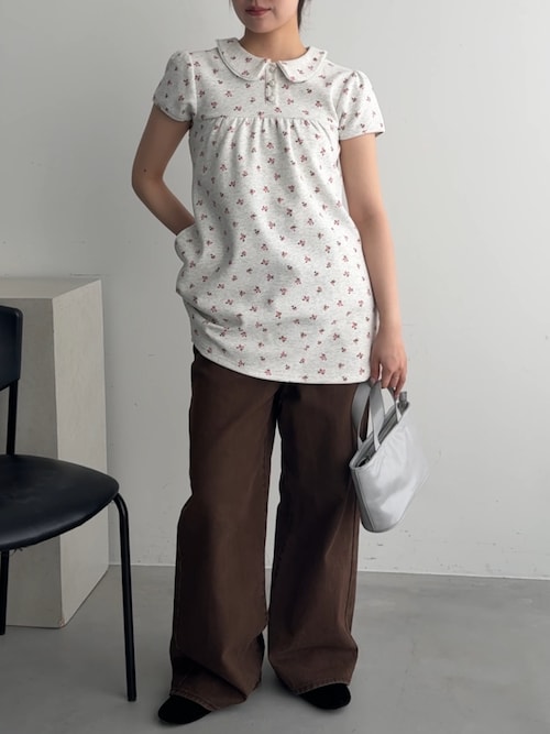 GIUNON ブラウス シャツ 夏 半袖 round collar flower tunic
