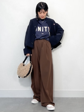 「カラーパンツ」｜「アイテム（ノーカラージャケット）」を使った、yunaさん（レディース・153cm）の秋コーディネート