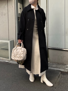 「ニットワンピース」｜「アイテム（ステンカラーコート）」を使った、江口光代さん（レディース・162cm）の冬コーディネート