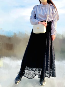 「Areeam（アリーム）の肩ボタンスタンドカラーブラウス（シャツ/ブラウス、ブルー系）」を使った、mican🍊さん（レディース・162cm）の春コーディネート