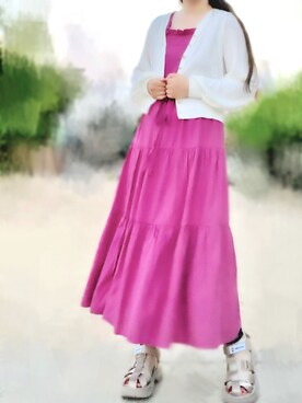 「Areeam（アリーム）のUVカット袖ボリュームニットカーディガン（カーディガン/ボレロ、ホワイト系）」を使った、mican🍊さん（レディース・162cm）の夏コーディネート