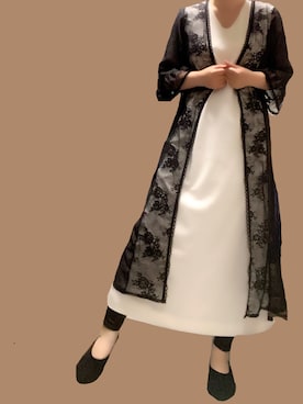 「Areeam（アリーム）の優しさに触れるレースガウン(Black)（カーディガン/ボレロ、ブラック系）」を使った、mican🍊さん（レディース・162cm）の春コーディネート