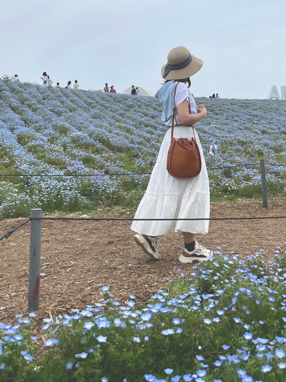 ブルー系のカーディガン/ボレロ、ホワイト系のTシャツ/カットソー、ブラウン系のショルダーバッグを着用したレディースの春コーディネートの1枚目の写真