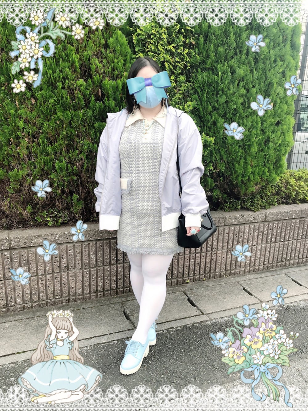 「ニットワンピース、水色、プチプラ、チドリ柄、秋コーデ、うさ耳、量産型、プラスサイズ」｜「GRLのアイテム（ワンピース、ブルー系）」を使った、しろうさぎさん（レディース・155cm）の秋コーディネートの1枚目の写真