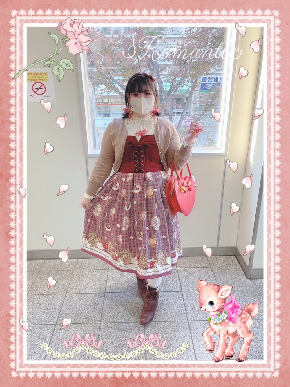 「冬コーデ、ガーリー、axes femme POETIQUE、アップルパイ、ボルドー、ブーツ、プラスサイズ」｜「axes femme POETIQUEのアイテム（ジャンパースカート、レッド系）」を使った、しろうさぎさん（レディース・155cm）の冬コーディネートの1枚目の写真