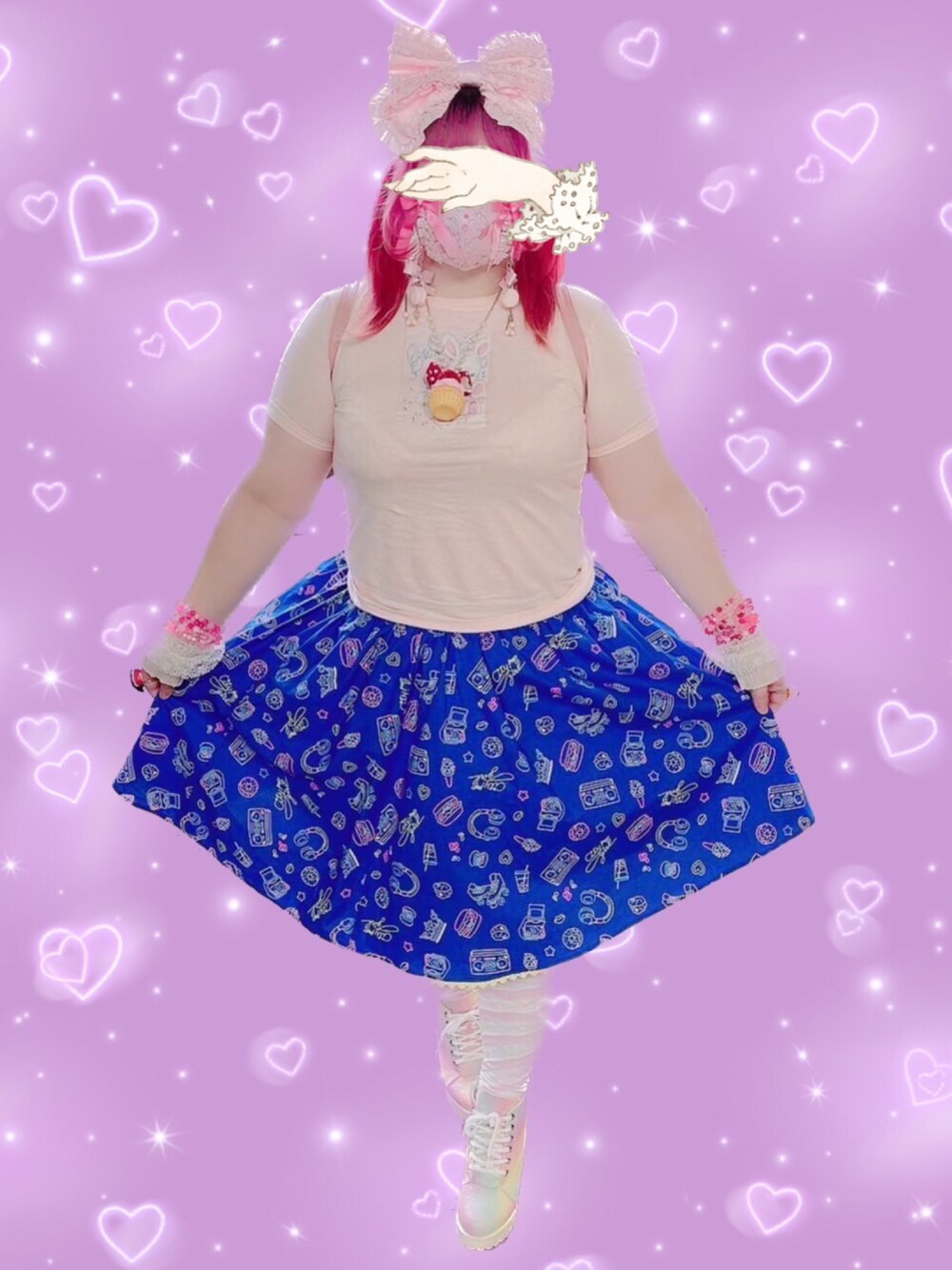 「OOTD、ハンドメイドロリィタ、ネオンカラー、ロリィタ、カジュアルロリィタ、ピンク髪、プラスサイズ、おしゃれさんと繋がりたい」｜「Handmadeのアイテム（スカート、ブルー系）」を使った、しろうさぎさん（レディース・155cm）の秋コーディネートの1枚目の写真