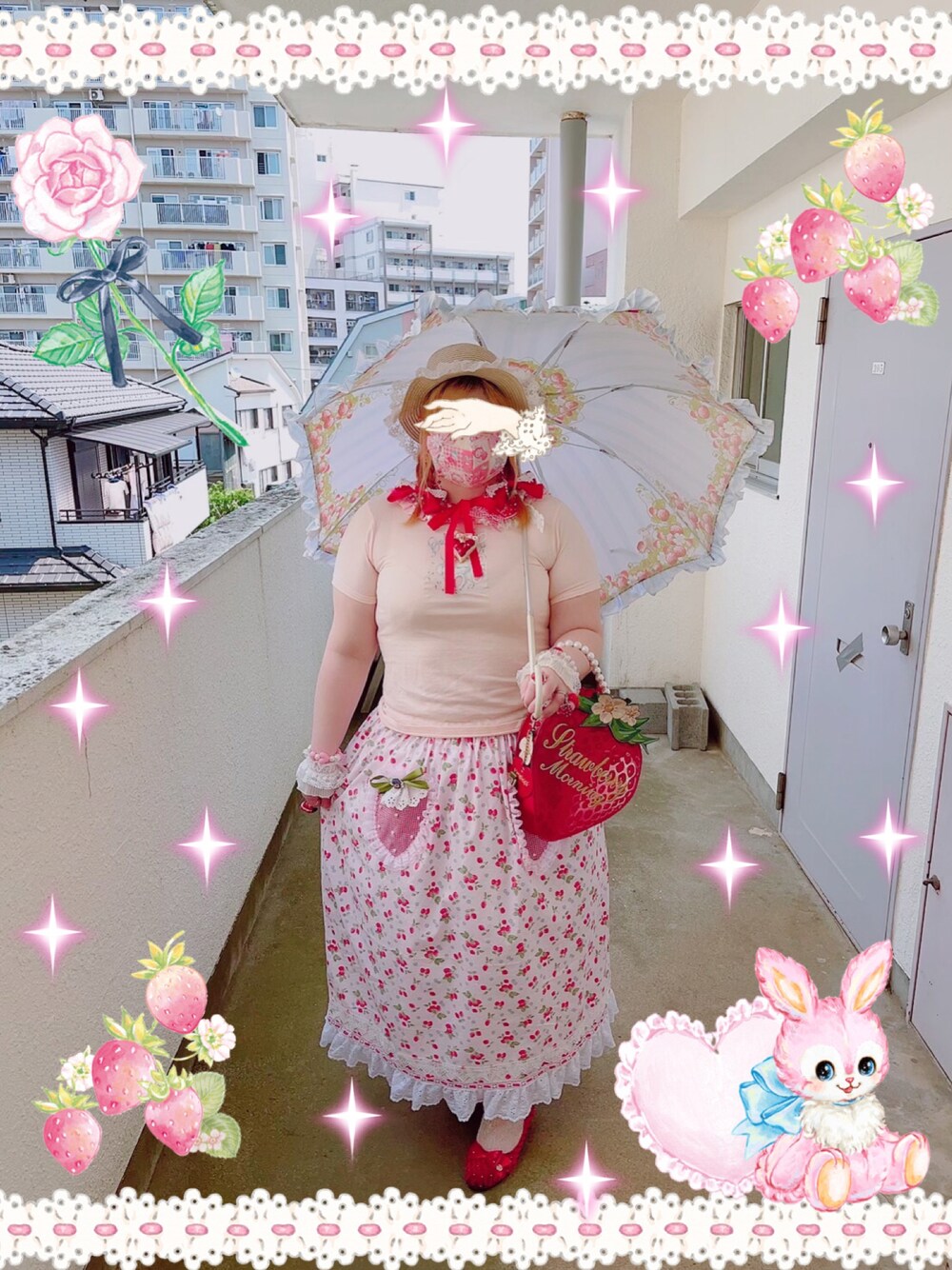 「ootd、ロリィタ、新しいロリィタ、自作、自作アイテム、ハンドメイド、ハンドメイドスカート、いちご、プラスサイズ、おしゃれさんと繋がりたい」｜「自作のアイテム（スカート、ピンク系）」を使った、しろうさぎさん（レディース・155cm）の春コーディネートの1枚目の写真