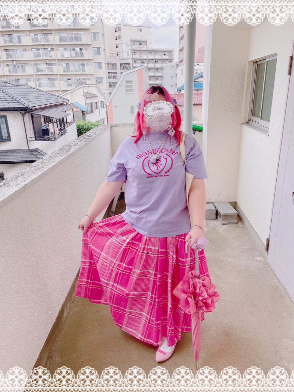 「ootd、サマンサ モスモス(Samansa Mos2)、ラベンダー、ピンク、チェック、ガーリー、ピンク髪、プラスサイズ、おしゃれさんと繋がりたい」｜「Samansa Mos2のアイテム（Tシャツ/カットソー、パープル系）」を使った、しろうさぎさん（レディース・155cm）の夏コーディネートの1枚目の写真