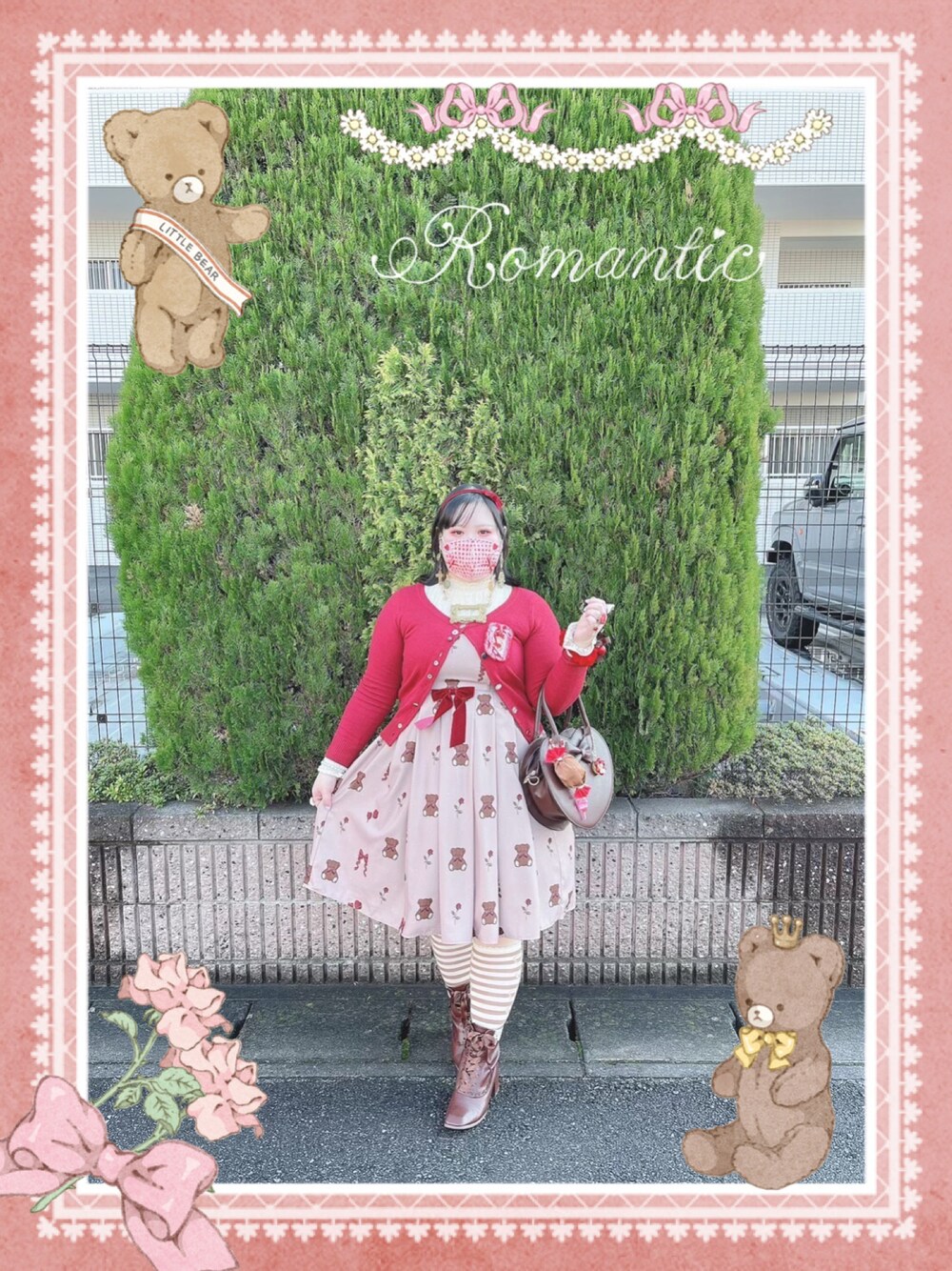 「ootd、クリスマスコーデ、冬コーデ、axes femme kawaii、くまさん、クラロリ風、プラスサイズ」｜「axes femme kawaiiのアイテム（ジャンパースカート、ブラウン系）」を使った、しろうさぎさん（レディース・155cm）の冬コーディネートの1枚目の写真