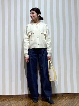 「SHOO・LA・RUE（シューラルー）の【洗濯機可/S-LL】1枚でも羽織りでも 華やか上品カーデ（カーディガン/ボレロ、ホワイト系）」を使った、SAOさん（レディース・163cm）の冬コーディネート
