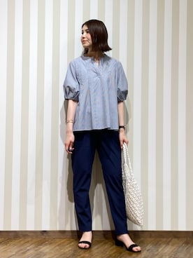 「SHOO・LA・RUE（シューラルー）の【洗濯後しわになりにくい/S-LL/インせず着られる】自然に体型カバー 麻調ペプラムブラウス（シャツ/ブラウス、ブルー系）」を使った、SAOさん（レディース・163cm）の春コーディネート