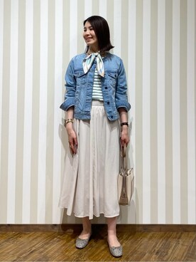 「SHOO・LA・RUE（シューラルー）の【SHOO・LA・RUE DENIM/S-LL/高レビュー】大人のための ノーカラーデニムジャケット（デニムジャケット、ブルー系）」を使った、SAOさん（レディース・163cm）の冬コーディネート