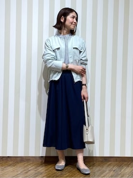 「SHOO・LA・RUE（シューラルー）の【S-LL】サッと羽織れてきれい見え　フラップポケット ノーカラーブルゾン（ブルゾン、グリーン系）」を使った、SAOさん（レディース・163cm）の春コーディネート