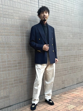 「アイテム（テーラードジャケット、ブルー系）」を使った、日高さん（メンズ・180cm）の秋コーディネート
