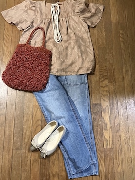 「COCOMOMO（ココモモ）のアイテム（Tシャツ/カットソー、ブラウン系）」を使った、gashさん（レディース・157cm）の夏コーディネート