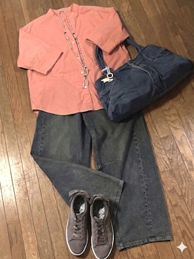 「GU（ジーユー）のアイテム（シャツ/ブラウス、オレンジ系）」を使った、gashさん（レディース・157cm）の夏コーディネート