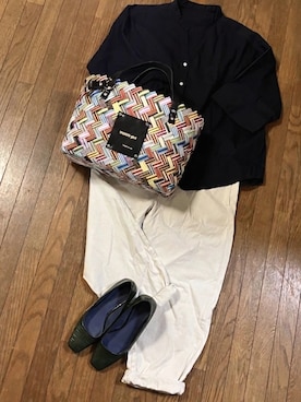 「GU（ジーユー）のアイテム（シャツ/ブラウス、ブルー系）」を使った、gashさん（レディース・157cm）の夏コーディネート