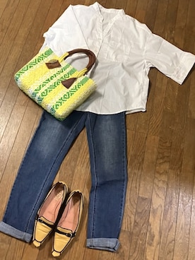 「GU（ジーユー）のアイテム（Tシャツ/カットソー、ホワイト系）」を使った、gashさん（レディース・157cm）の夏コーディネート