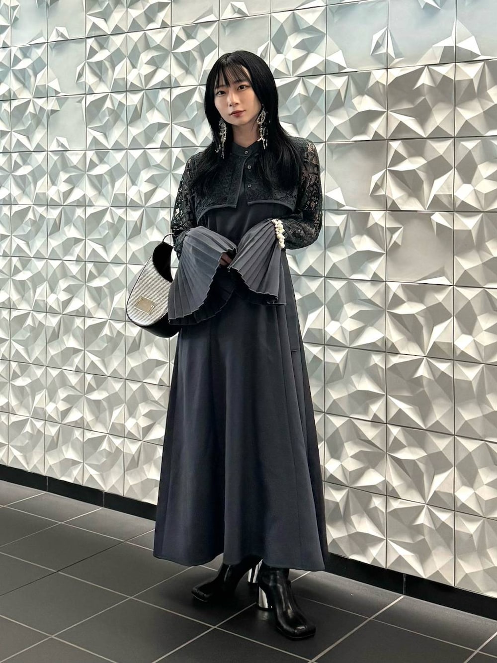 HARE ソデプリーツレースワンピース ハレ ドレス パーティー 黒 結婚式 HARE ハレ ソデプリーツレースドレス ブラック/M｜結婚式