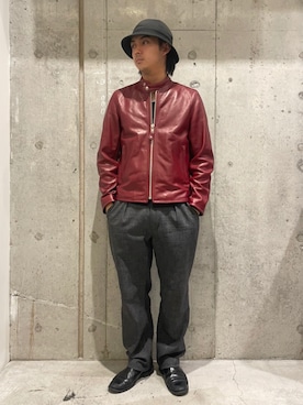 「アイテム（ライダースジャケット、レッド系）」を使った、yamagata1699さん（メンズ・172cm）の秋コーディネート
