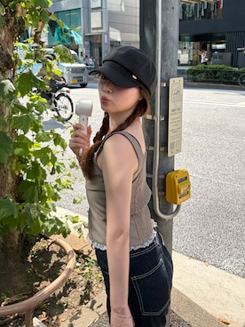 「Chico（チコ）のプレート付きキャスケット（キャップ、ブラック系）」を使った、nagochanさん（レディース・156cm）の夏コーディネート