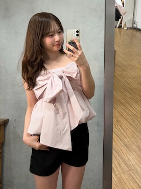 「Chico（チコ）のバルーンペプラムリボンブラウス（シャツ/ブラウス、ピンク系）」を使った、nagochanさん（レディース・156cm）の春コーディネート