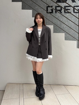「Chico（チコ）の【セットアップ対応】袖フリルテーラードジャケット（テーラードジャケット、グレー系）」を使った、nagochanさん（レディース・156cm）の春コーディネート