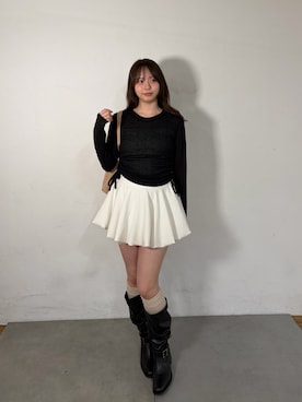 「Chico（チコ）のサイドドロストリボンシアーT（Tシャツ/カットソー、ブラック系）」を使った、nagochanさん（レディース・156cm）の春コーディネート