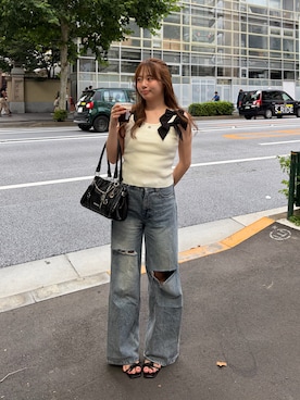 「Chico（チコ）のリボンニットタンク（ニット/セーター、ホワイト系）」を使った、nagochanさん（レディース・156cm）の夏コーディネート
